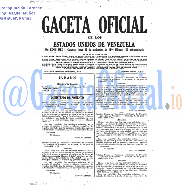 Gaceta Oficial 109 del 13 Noviembre 1944