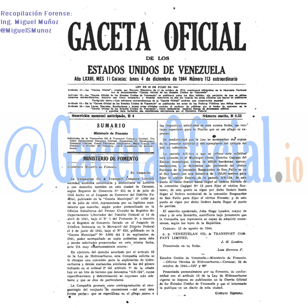 Gaceta Oficial 113 del 4 Diciembre 1944