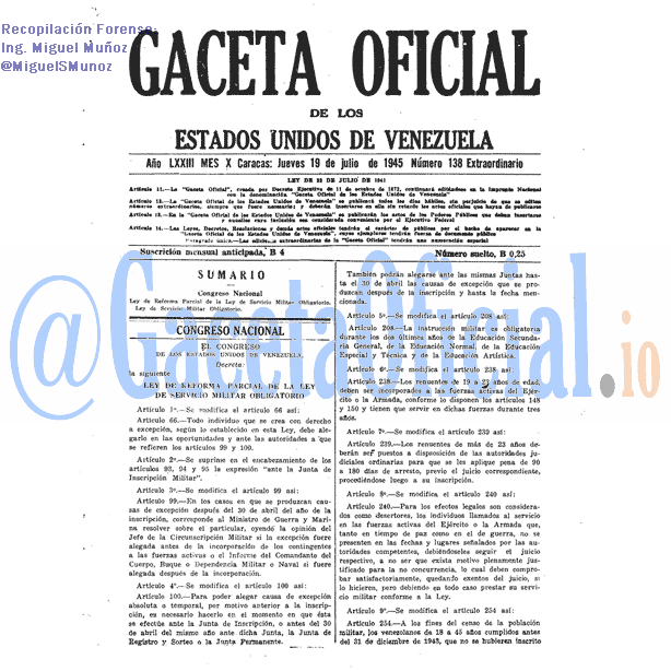 Gaceta Oficial 138 del 19 Julio 1945