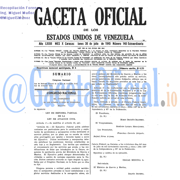 Gaceta Oficial 140 del 30 Julio 1945