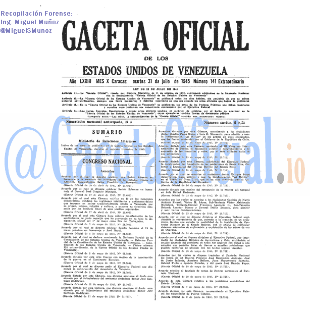 Gaceta Oficial 141 del 31 Julio 1945