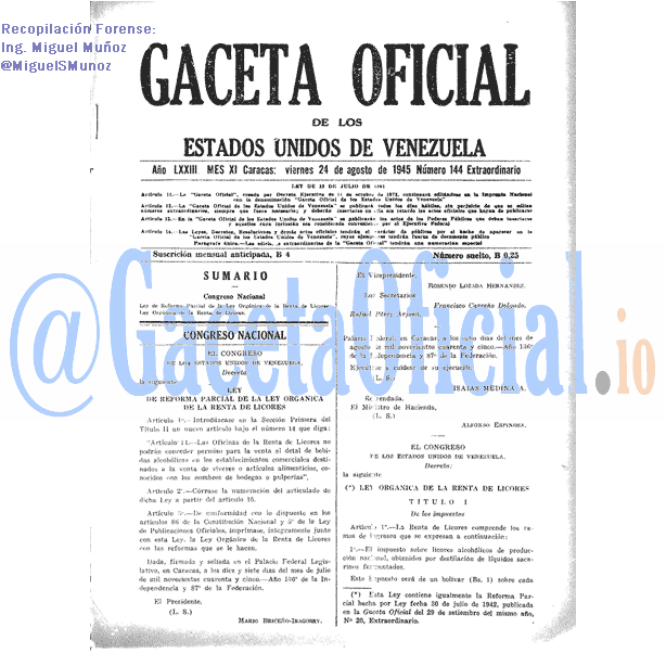 Gaceta Oficial 144 del 24 Agosto 1945