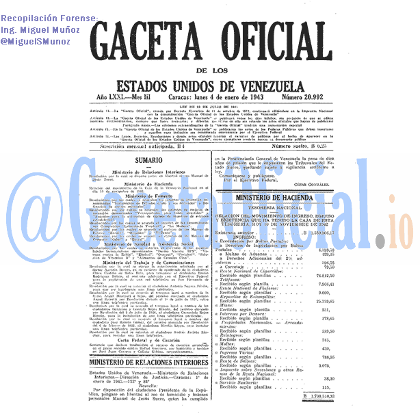 Gaceta Oficial 20992 del 4 Enero 1943