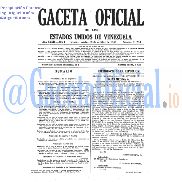 Gaceta Oficial 21233 del 19 Octubre 1943