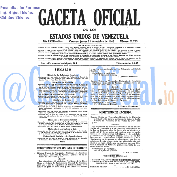 Gaceta Oficial 21235 del 21 Octubre 1943