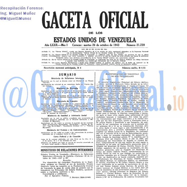Gaceta Oficial 21239 del 26 Octubre 1943