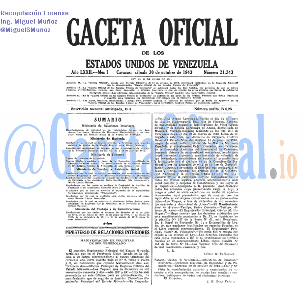 Gaceta Oficial 21243 del 30 Octubre 1943