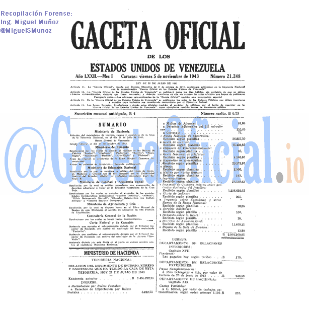 Gaceta Oficial 21248 del 5 Noviembre 1943