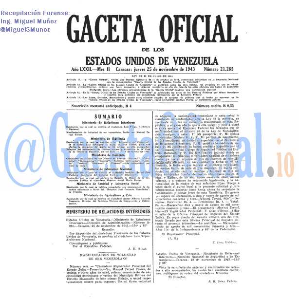 Gaceta Oficial 21265 del 25 Noviembre 1943
