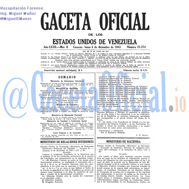Gaceta Oficial 21274 del 6 Diciembre 1943