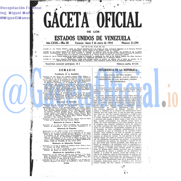 Gaceta Oficial 21296 del 3 Enero 1944