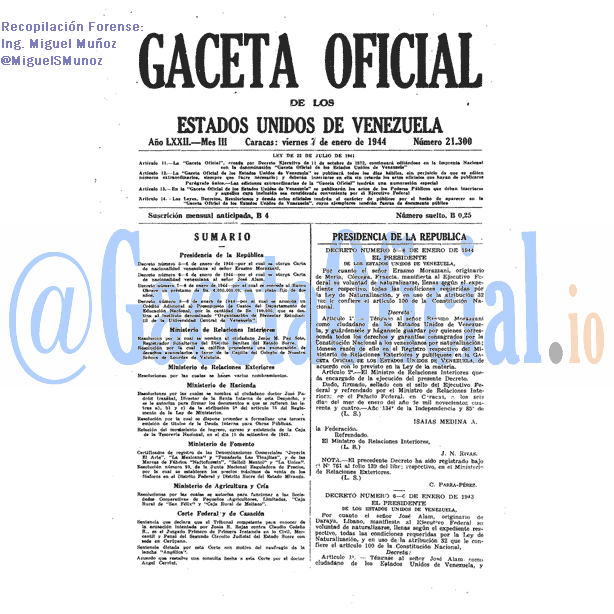 Gaceta Oficial 21300 del 7 Enero 1944