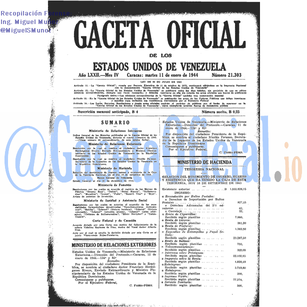 Gaceta Oficial 21303 del 11 Enero 1944