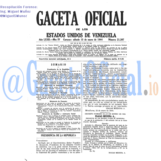 Gaceta Oficial 21307 del 15 Enero 1944