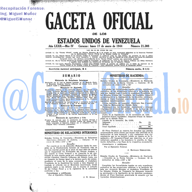 Gaceta Oficial 21308 del 17 Enero 1944