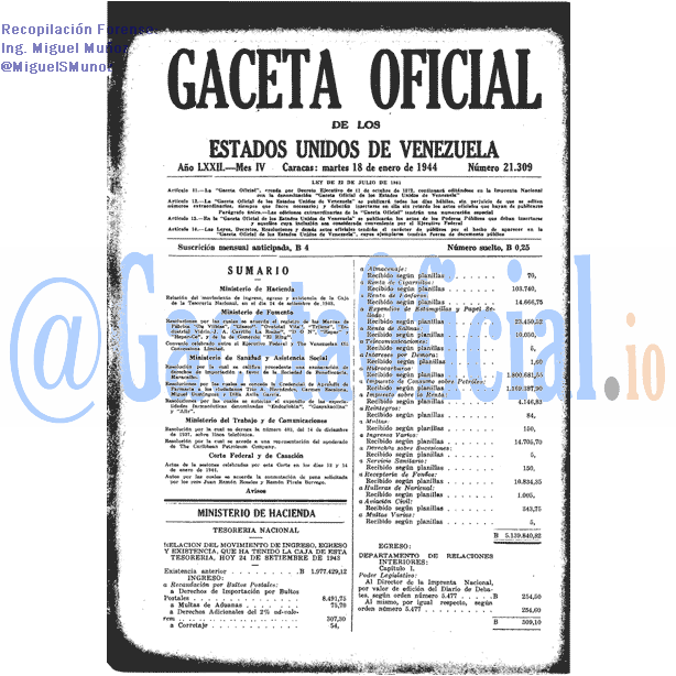 Gaceta Oficial 21309 del 18 Enero 1944