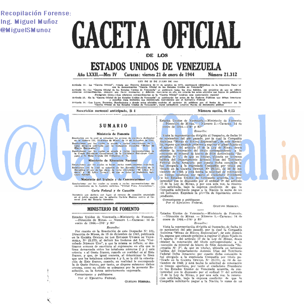 Gaceta Oficial 21312 del 21 Enero 1944