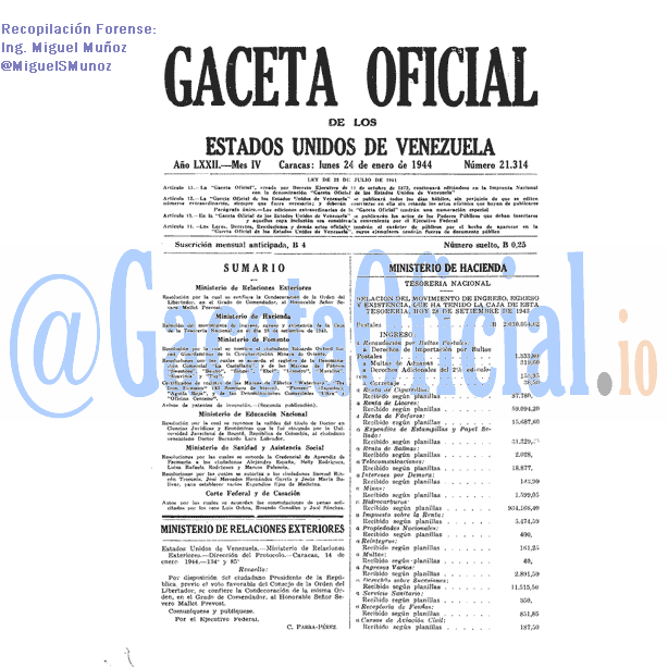 Gaceta Oficial 21314 del 24 Enero 1944