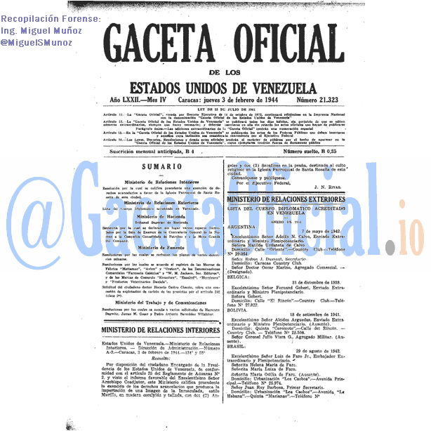 Gaceta Oficial 21323 del 3 Febrero 1944