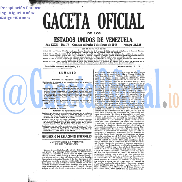 Gaceta Oficial 21328 del 9 Febrero 1944