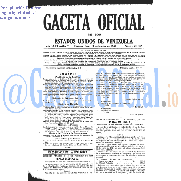 Gaceta Oficial 21332 del 14 Febrero 1944