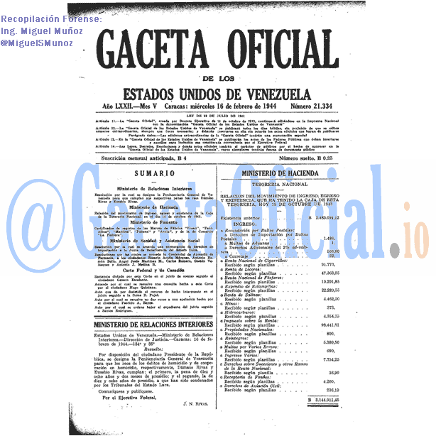 Gaceta Oficial 21334 del 16 Febrero 1944