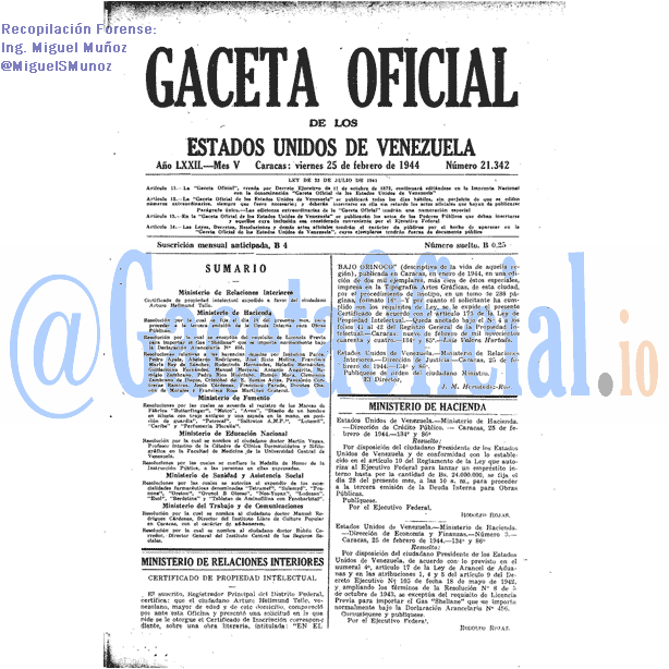 Gaceta Oficial 21342 del 25 Febrero 1944