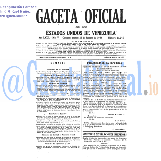 Gaceta Oficial 21345 del 29 Febrero 1944