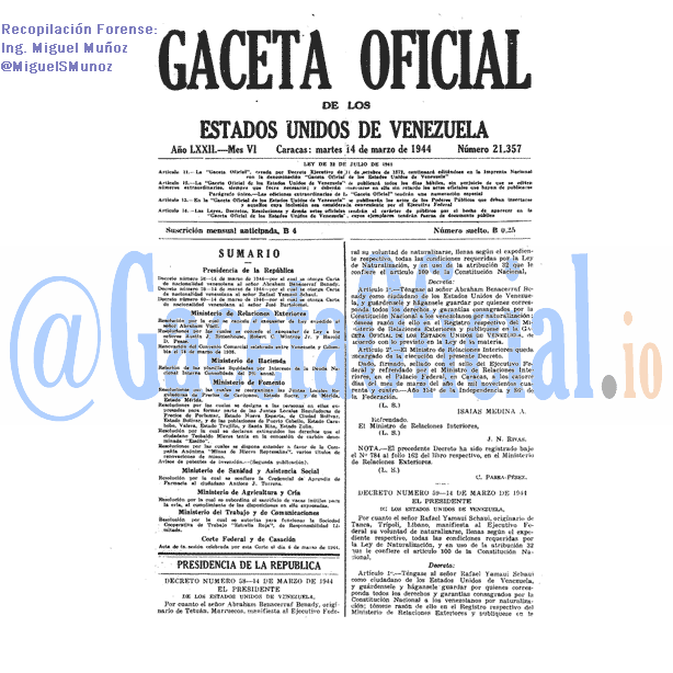 Gaceta Oficial 21357 del 14 Marzo 1944