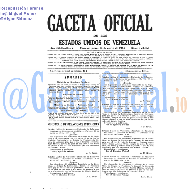Gaceta Oficial 21359 del 16 Marzo 1944