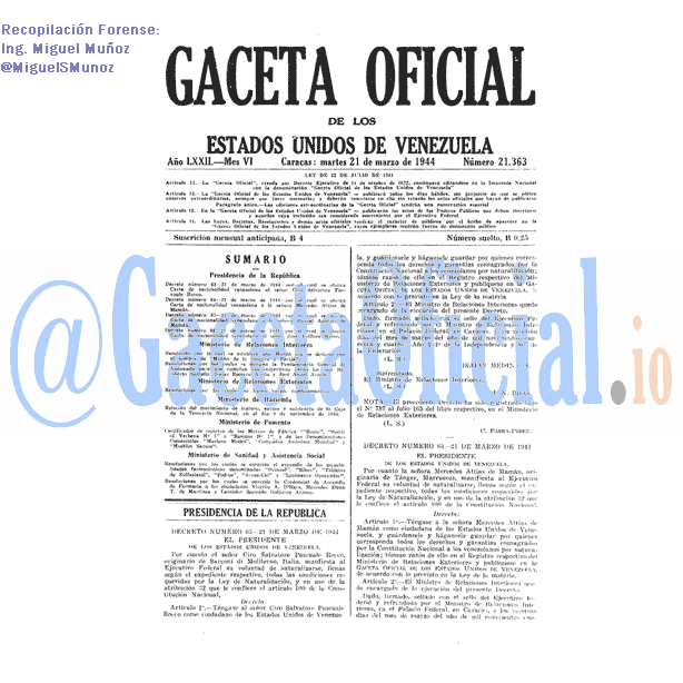 Gaceta Oficial 21363 del 21 Marzo 1944