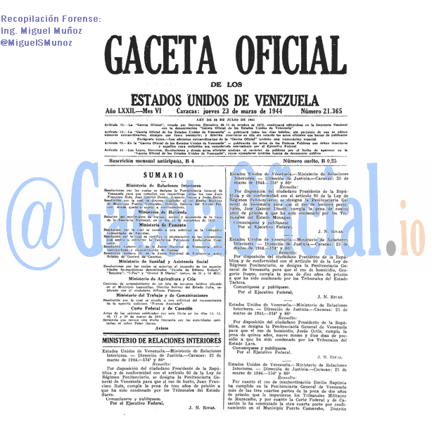 Gaceta Oficial 21365 del 23 Marzo 1944