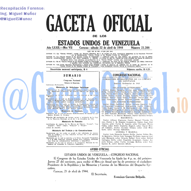 Gaceta Oficial 21388 del 22 Abril 1944