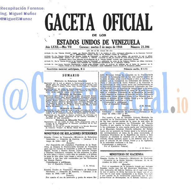 Gaceta Oficial 21396 del 2 Mayo 1944