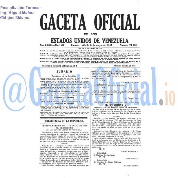 Gaceta Oficial 21400 del 6 Mayo 1944