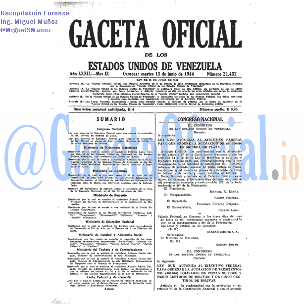 Gaceta Oficial 21432 del 13 Junio 1944