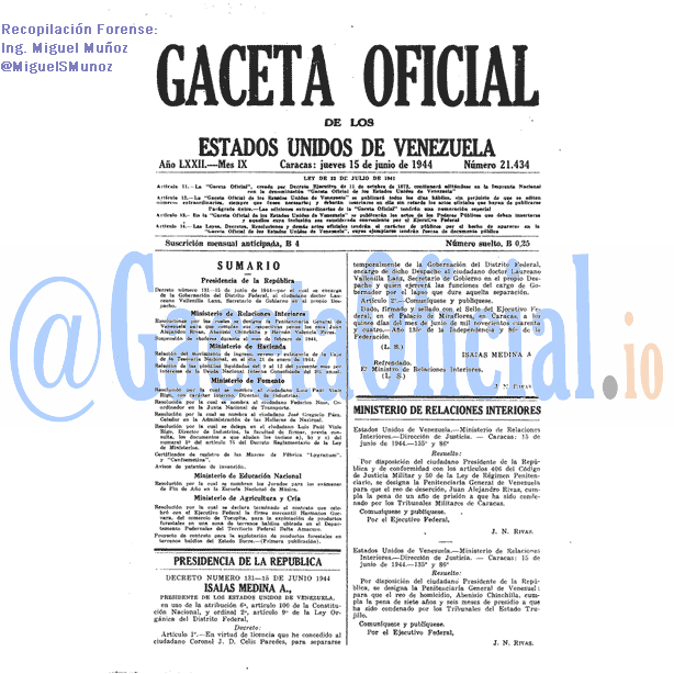 Gaceta Oficial 21434 del 15 Junio 1944