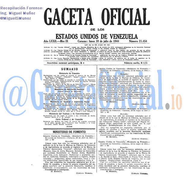 Gaceta Oficial 21454 del 10 Julio 1944