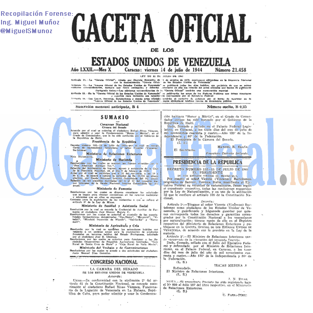Gaceta Oficial 21458 del 14 Julio 1944