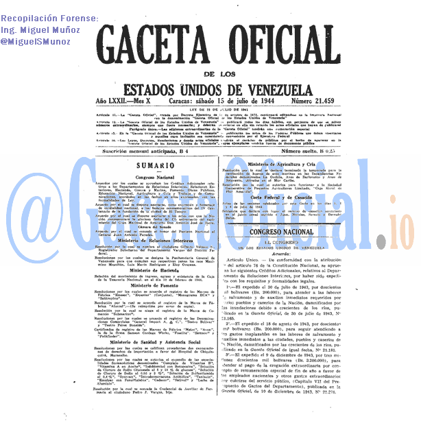 Gaceta Oficial 21459 del 15 Julio 1944