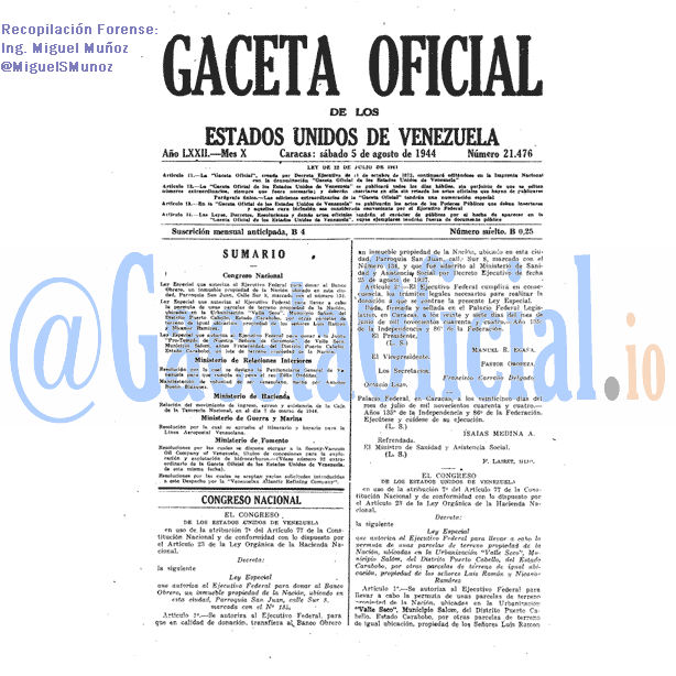 Gaceta Oficial 21476 del 5 Agosto 1944