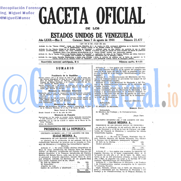 Gaceta Oficial 21477 del 7 Agosto 1944