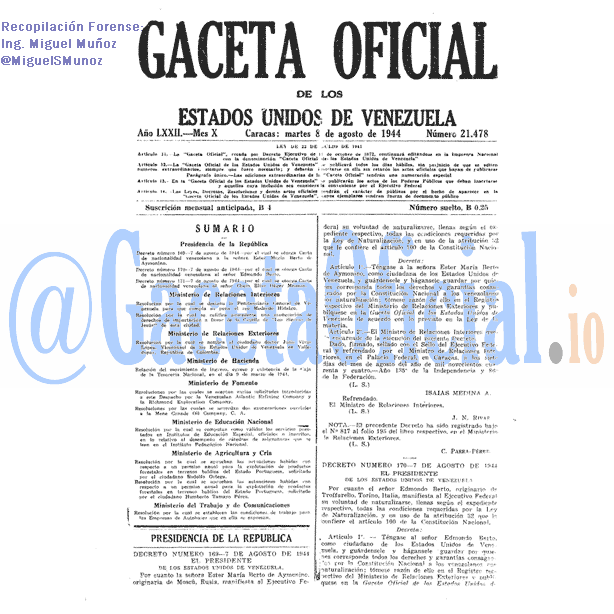 Gaceta Oficial 21478 del 8 Agosto 1944