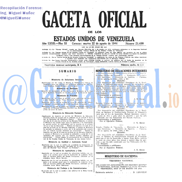 Gaceta Oficial 21490 del 22 Agosto 1944