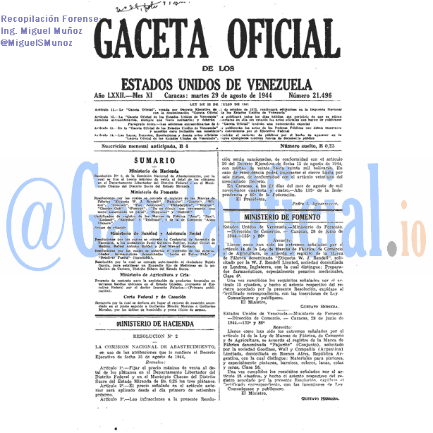 Gaceta Oficial 21496 del 29 Agosto 1944