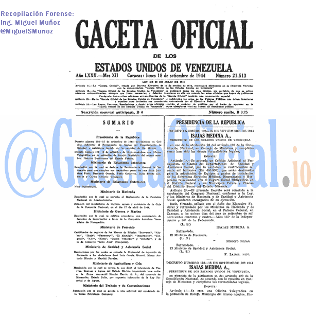 Gaceta Oficial 21513 del 18 Septiembre 1944