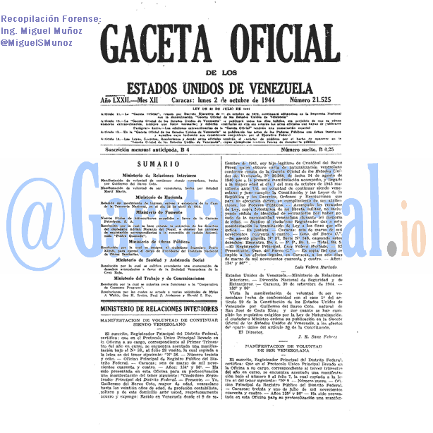 Gaceta Oficial 21525 del 2 Octubre 1944