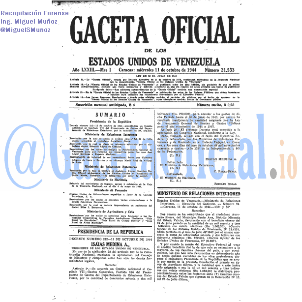 Gaceta Oficial 21533 del 11 Octubre 1944