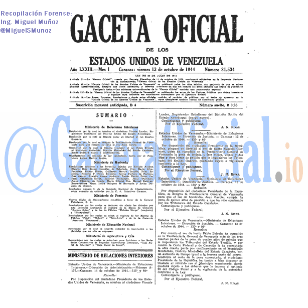 Gaceta Oficial 21534 del 13 Octubre 1944