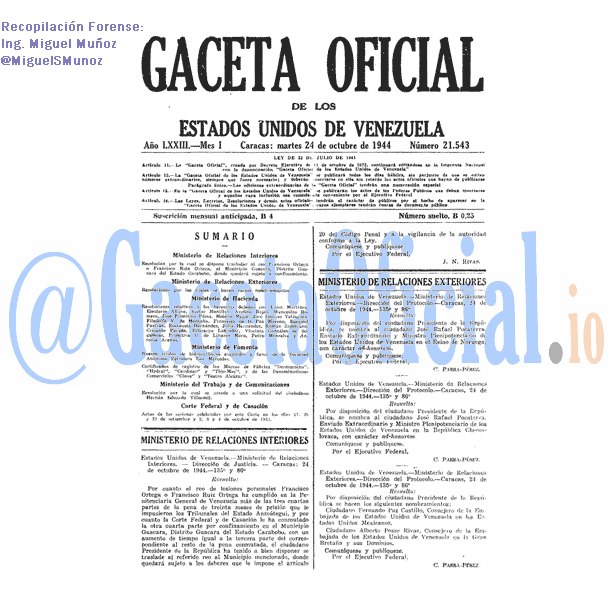 Gaceta Oficial 21543 del 24 Octubre 1944